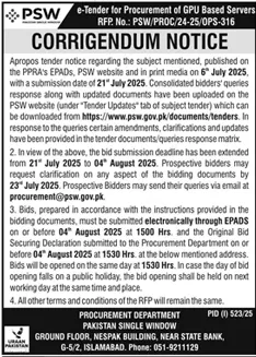 Pakistan Single Window Islamabad Tender Notice